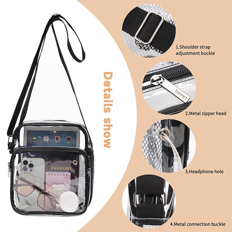 TINYAT Women Lightweight Mesh Strap Waterproof Transparent pvc Bags Put Lost Headphone Jack Umbrella Cell Phone 9.7 inch iPad 250407