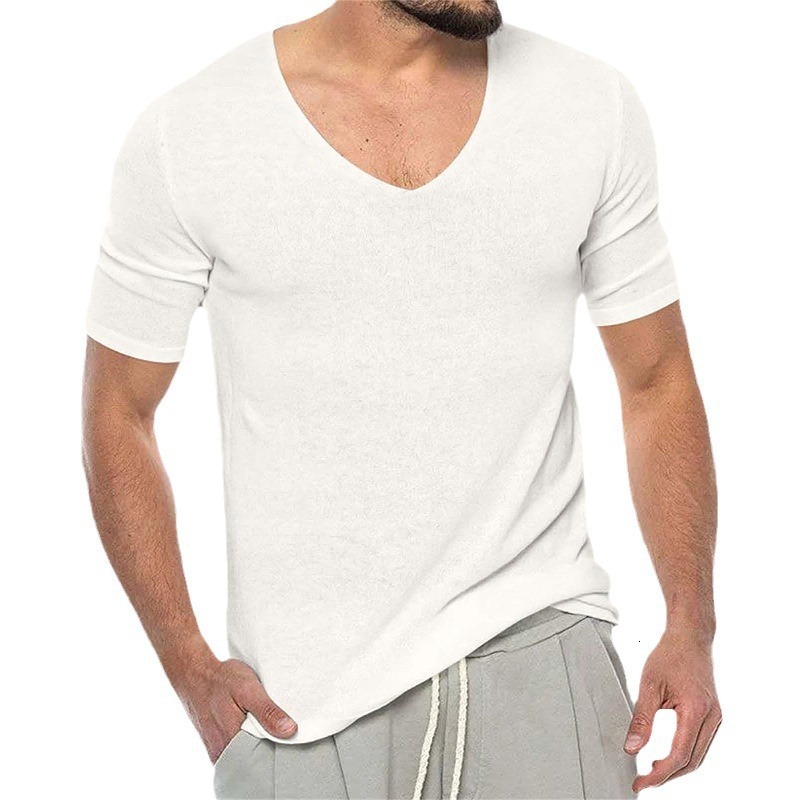 Mens thin V-neck solid color knitted shirt summer short sleeved knitted T-shirt