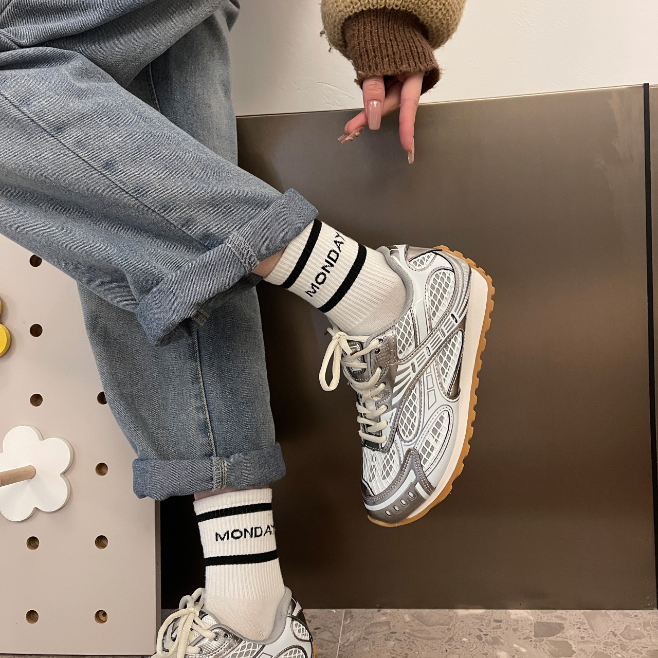 Laser sports shoes 2025 new spring and summer versatile genuine leather casual breathable silver women's shoes