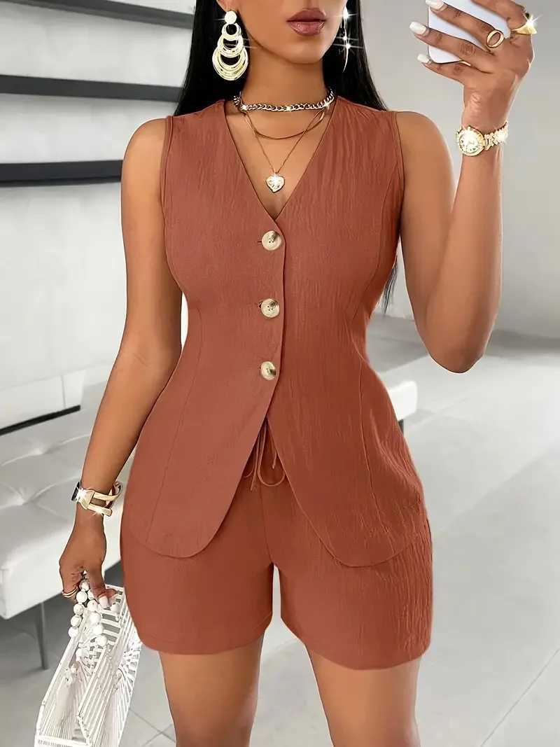 Ele Solid new two-piece fashionable womens sleeveless single chest V-neck vest shorts set casual beauty setXJ250414