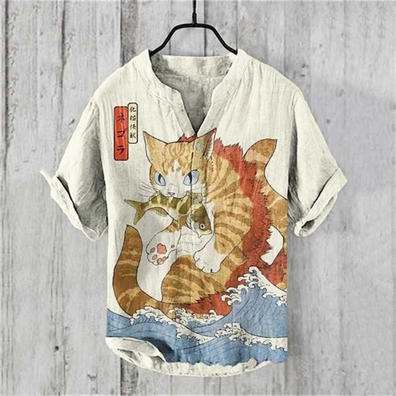 Cat 3D printed Henry mens summer fashion mens short sleeved shirt fashionable casual plus size Hawaiian mens clothing top W250414