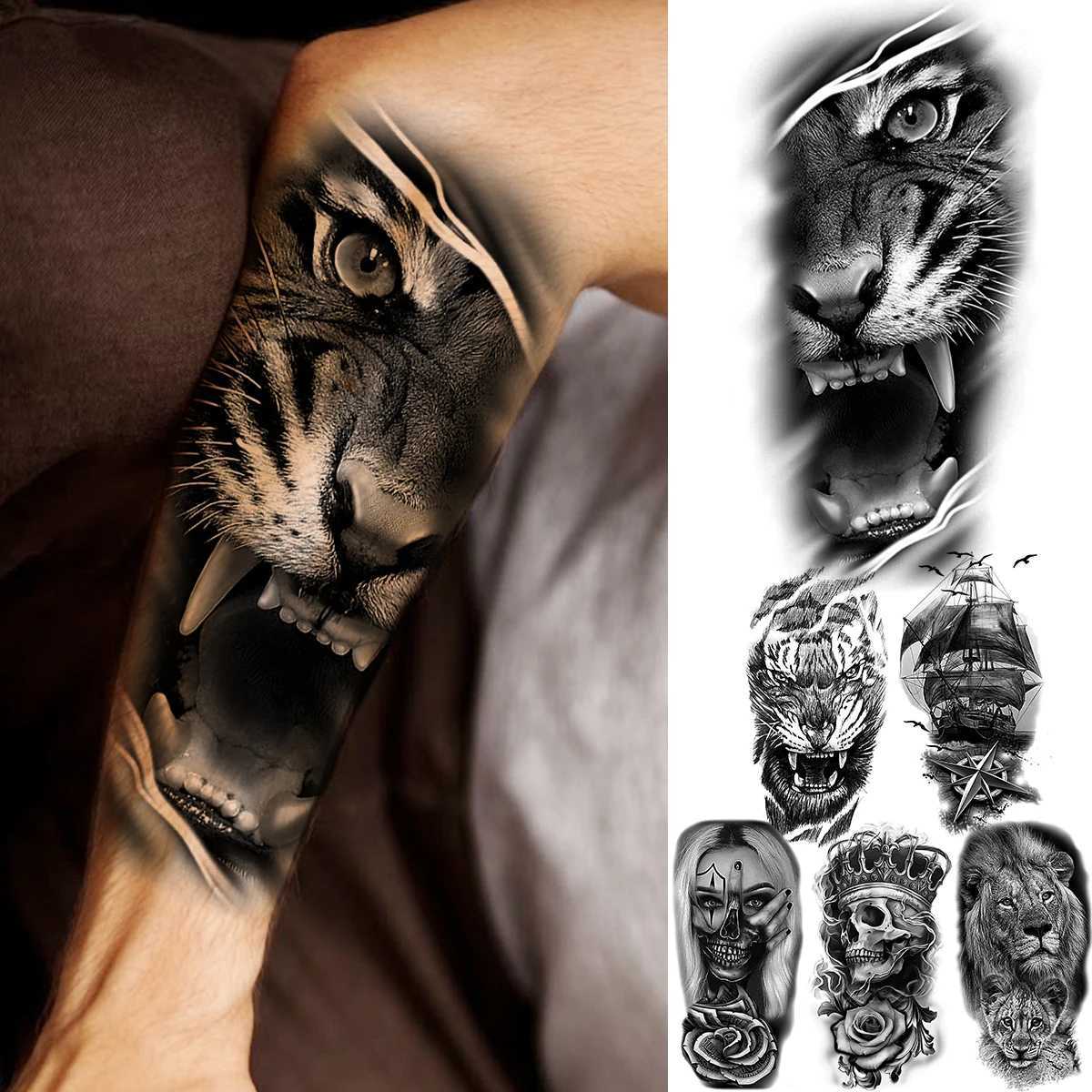Black Tiger Forearm Temporary Tattoo Suitable for Men Women Pirate Ship Skull Flower Fake Lion Waterproof Half Sleeve TattooXJ25414