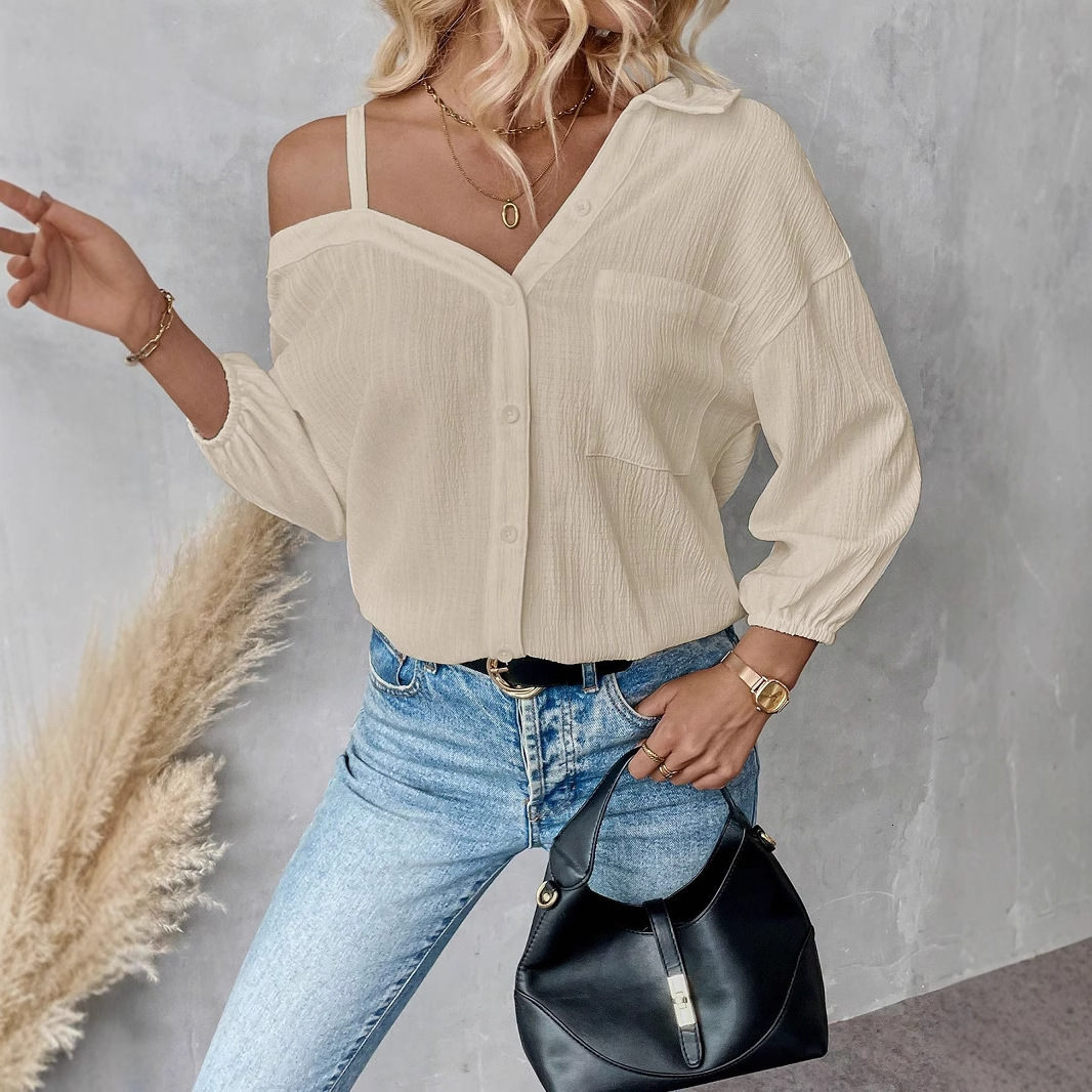 2025 Spring/Summer Flip Collar with Seven Cent Sleeve Off Shoulder Cardigan Texture Pattern Single breasted Casual Shirt
