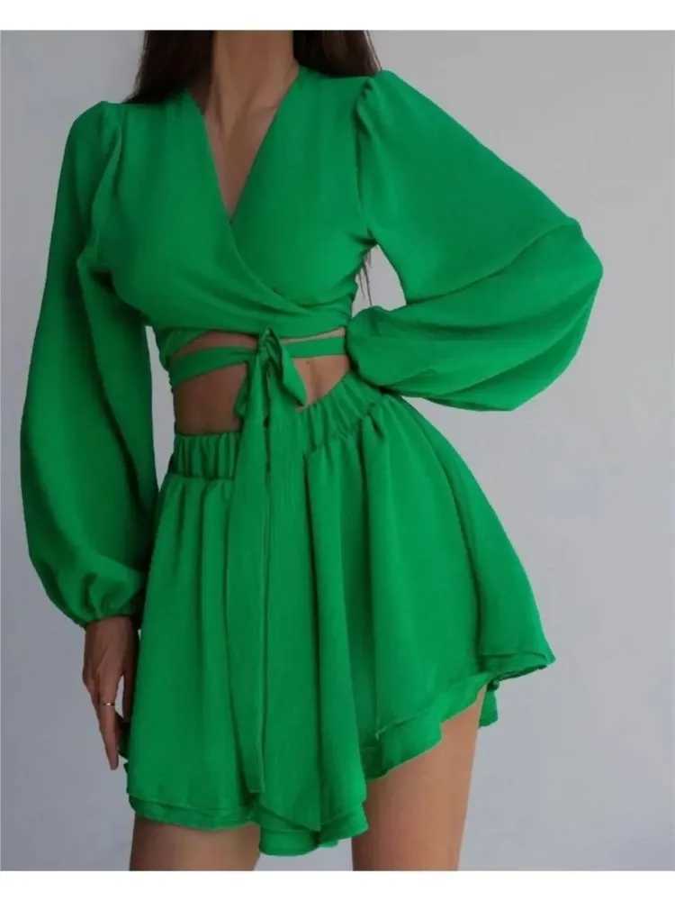 Fashion two-piece womens long Sve sexy V-neck waistband cardigan casual and comfortable fully matched solid color shorts setXJ250414