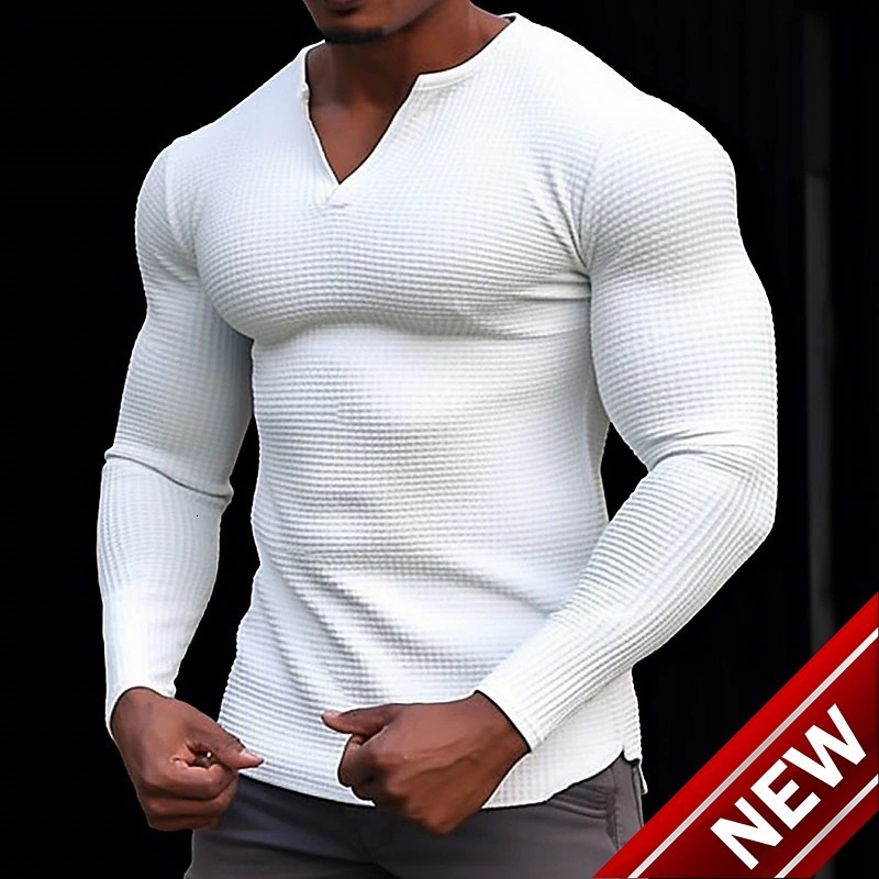 2025 Mens Waffle V-neck T-shirt Top for Vacation Long Sleeve Casual Fashion
