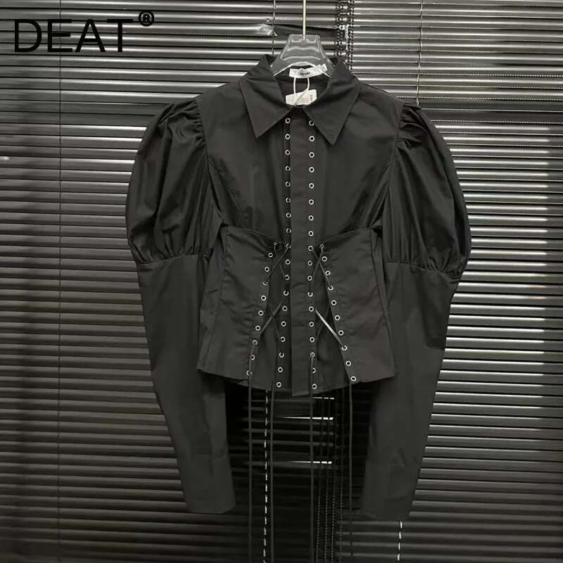 DEAT Fashion Women's Bandage Design Lantern Sleeves Blouse Solid Color Casual Lapel Short Shirts Female Trend New Items 11A02967