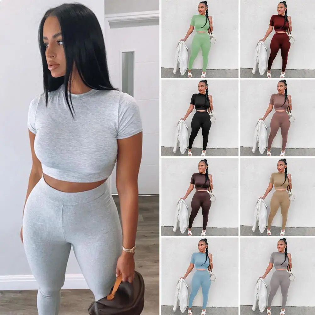 Solid Women Two Piece Set Short Sleeve Gym Top Crops Leggings Skinny Sporty Tracksuit 2023 Spring Summer Outfit Matching 250414