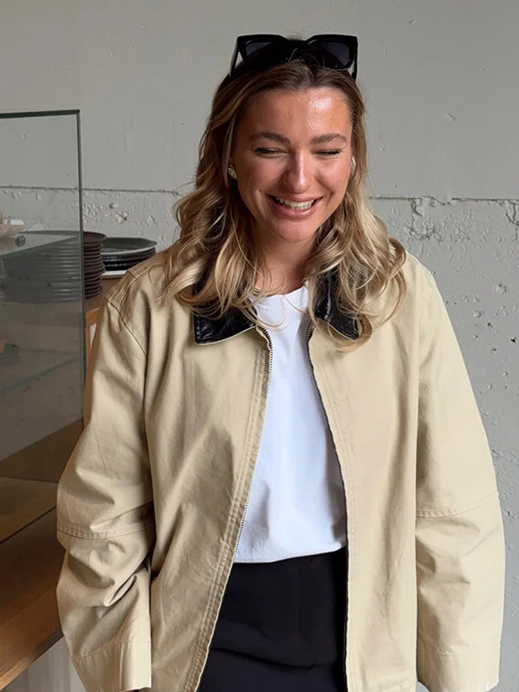 Fashion patch work collar jacket womens casual long sleeved zipper loose womens jacket spring womens clothing 250414