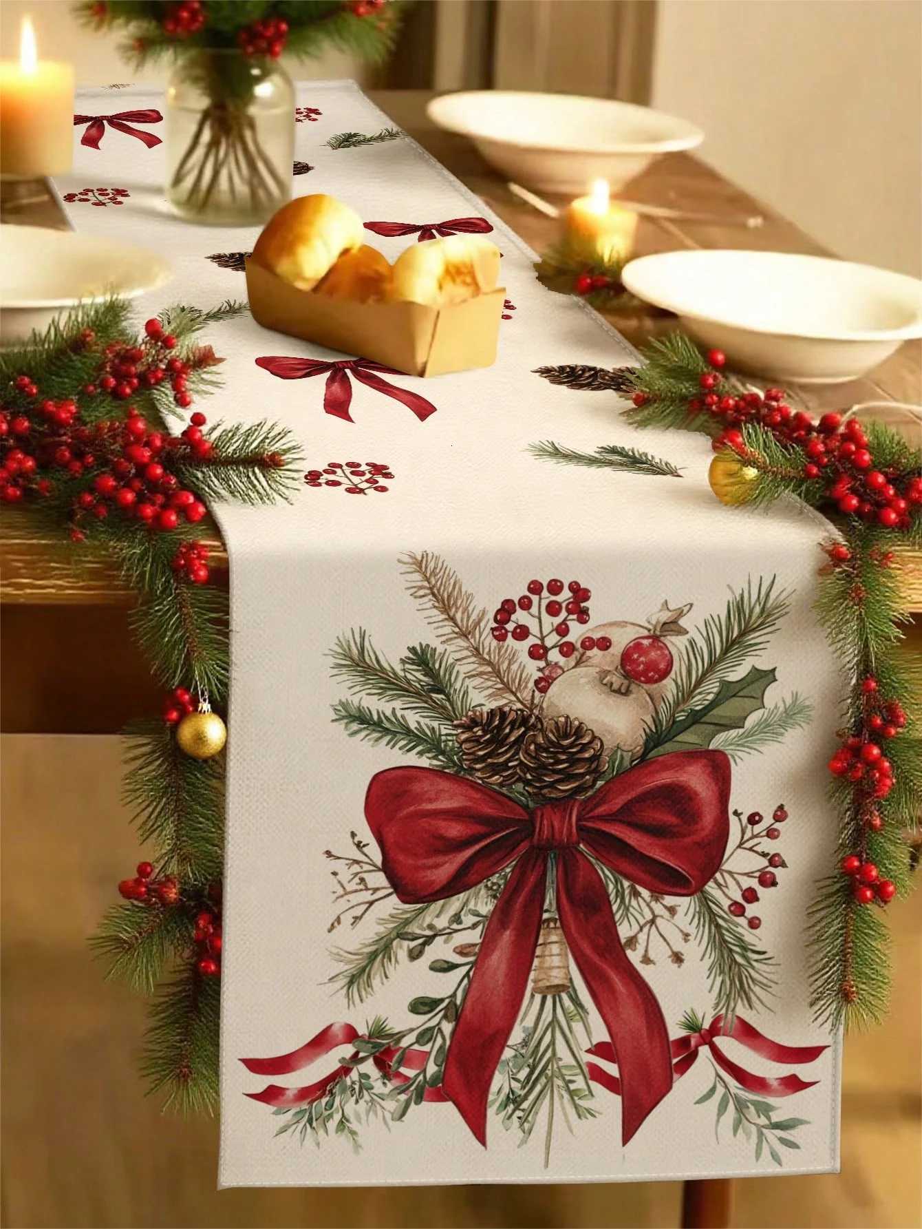 Christmas Christmas Themed Table Runner With Bow Pine Cone Holly Berries Print For Festive Dining Table Decor High Quality Elegant Holiday Y251113