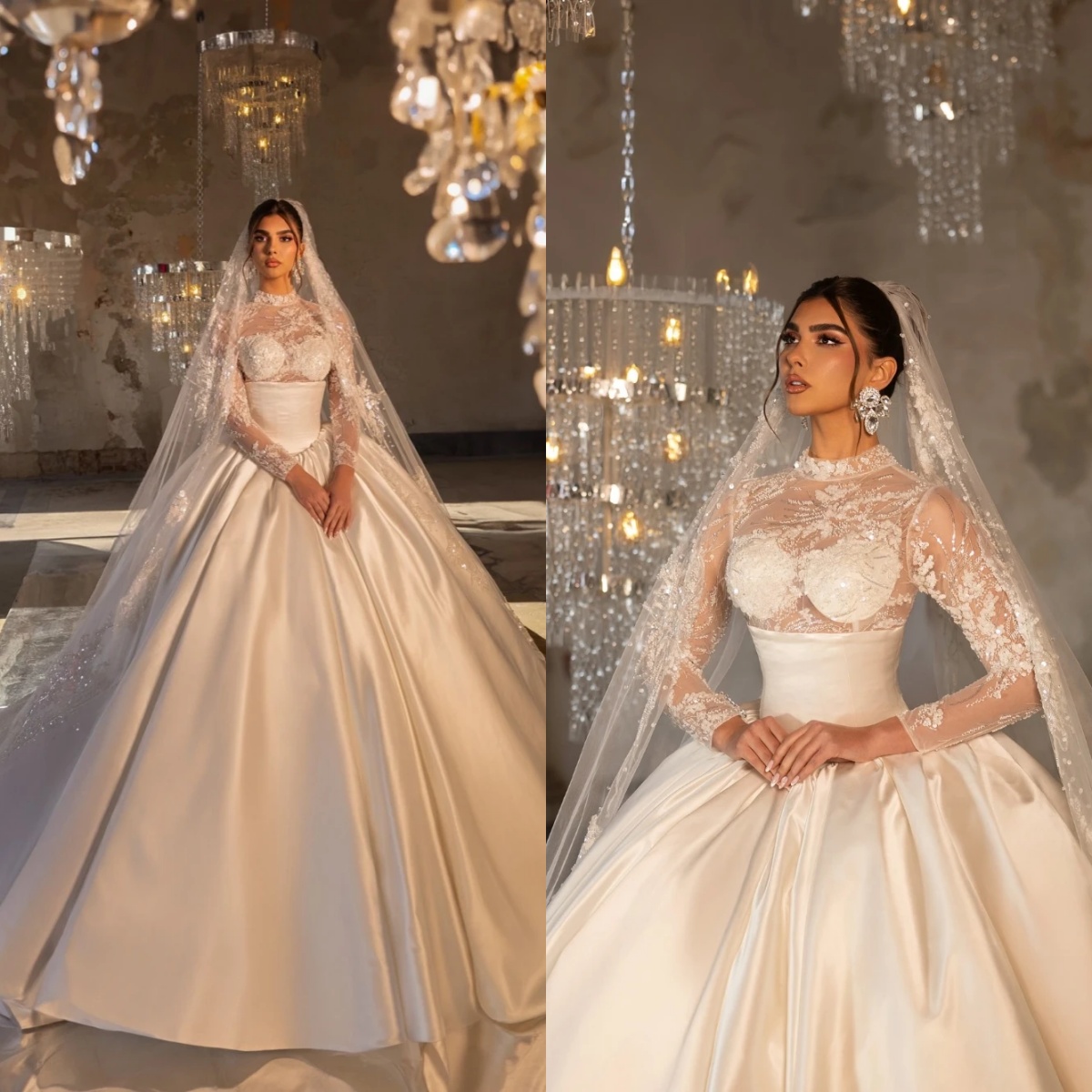 Elegant A Line Women Wedding Dress High Collar Long Sleeves Bridal Gowns Sequins Lace Sweep Train Dress Custom Made