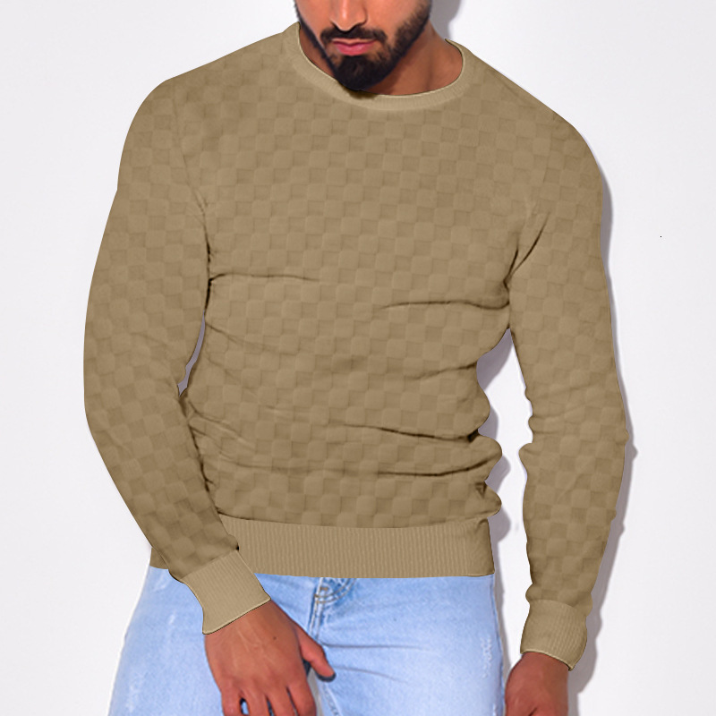 Men's autumn and winter men's T-shirt jacquard checkerboard round neck knitted sweater base long sleeved sweatshirt