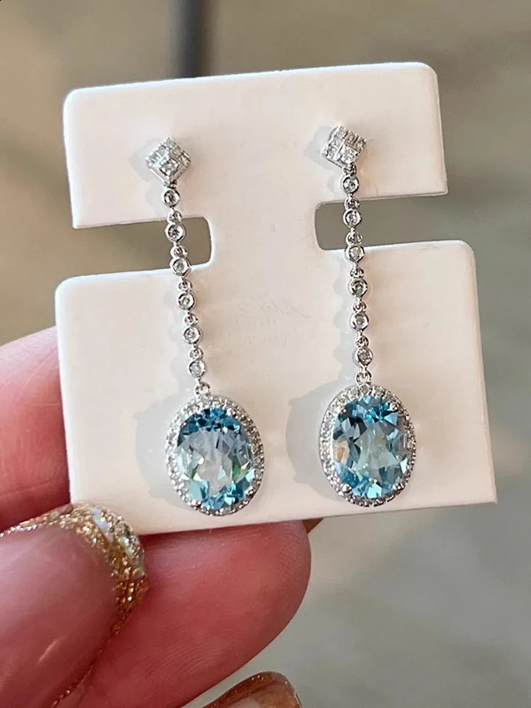 S925 sterling silver womens stud earrings oval Aqua blue zircon ear hanging jewelry for womens daily wear holiday party gifts 250409