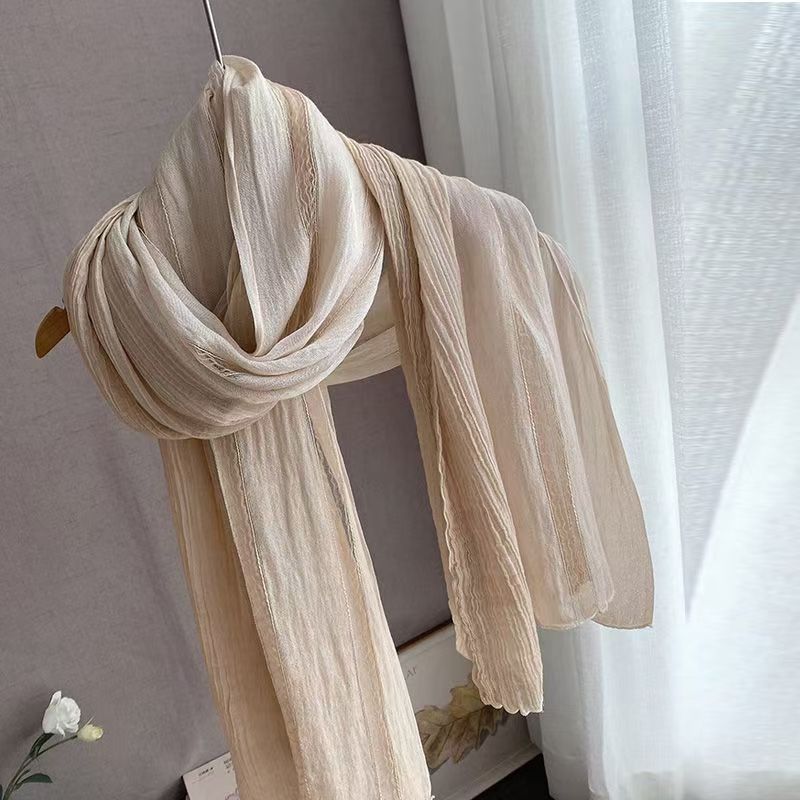 T473 new long cotton and linen scarf spring autumn winter pure color silk splicing shawl pleated female literary neck collar