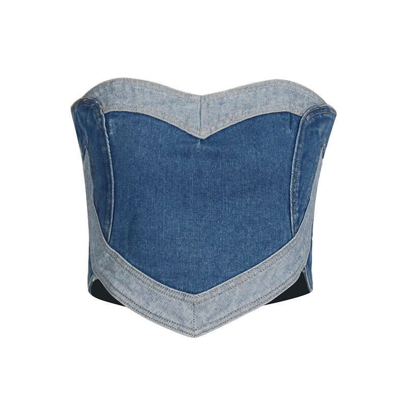 Designer Chic Women's Denim Strapless Vest - Spring 2025 Love Patchwork Detail & Slim Fit Cuteness