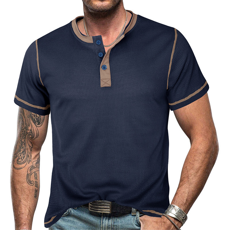 2025 Summer Mens Short sleeved Henley Shirt Mens T-shirt Top Color blocked Henley