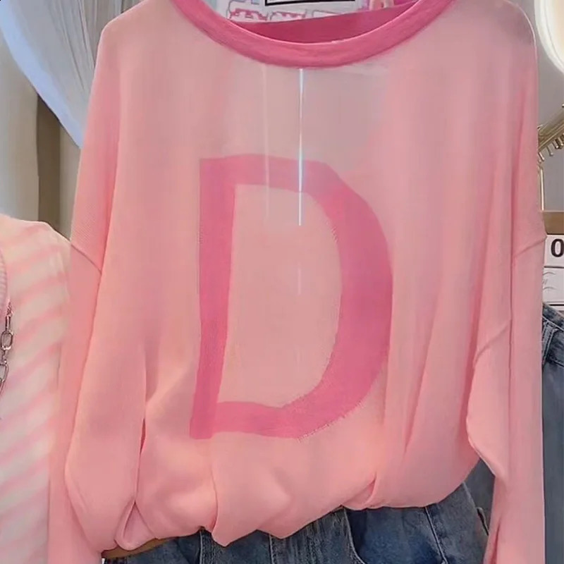 Womens SpringSummer Korean Fashion Printed Colorful Oneck Clothing Pulling Simple Trend Long Sleeve Top 250407