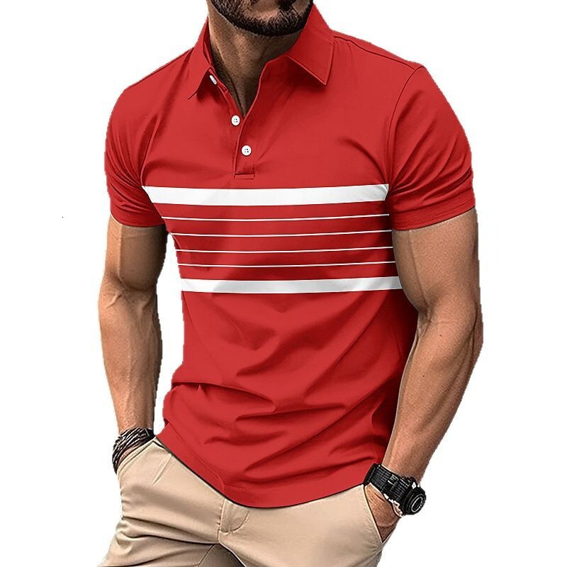 New digital printed striped polo shirt for summer V-neck button mesh fabric versatile men's t-shirt