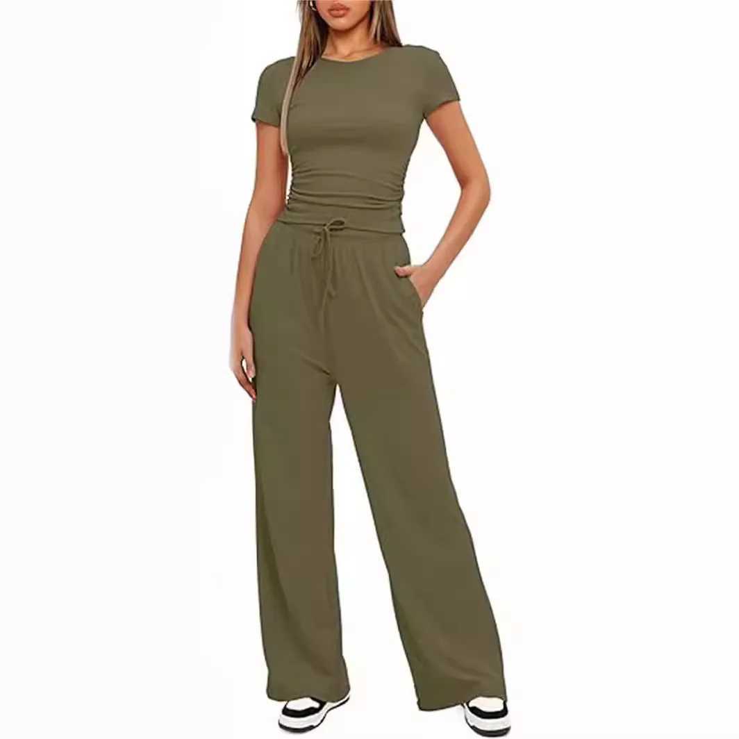 Womens two-piece summer short Sve pleated top with wide legs ultra-thin fashion yoga sportswear matching womens Trouser setXJ250414