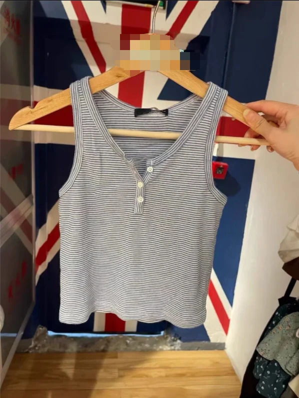 Retro cut top womens summer three button sleeveless cotton vest ultrathin pink striped Y2k 250414Z