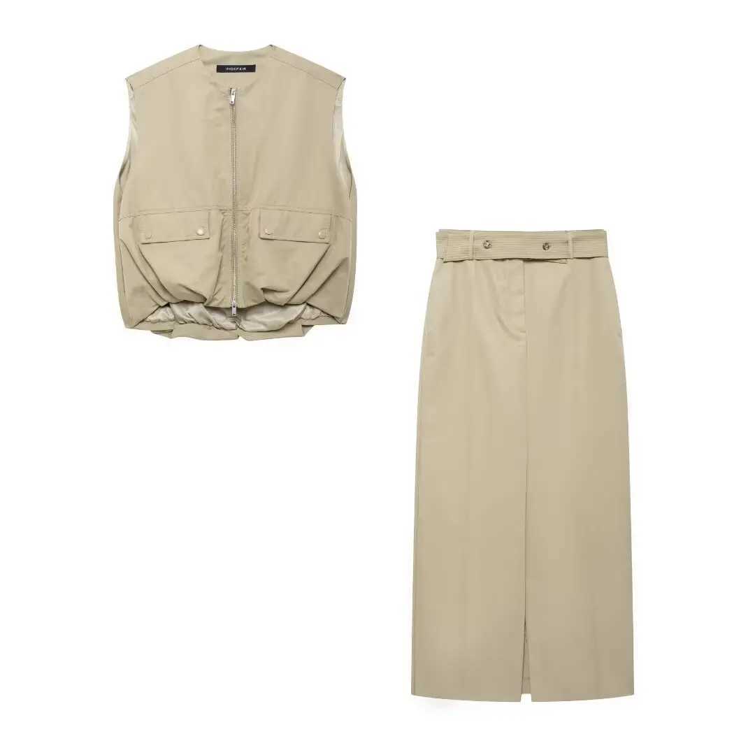 European and American style 2024 autumn new womens loose round neck strapless vest jacket straight leather street style setXJ250414