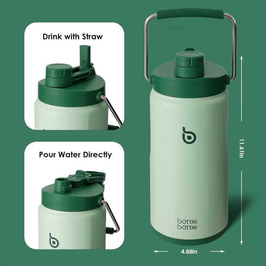 Insulated Water Bottle 64 oz Vacuum Stainl Steel Green C251114