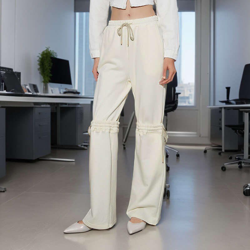 Designer Women's Spring 2025 High-Waisted Straight Leg Trousers with Drawstring Straps - Temporary Versatile Casual Style