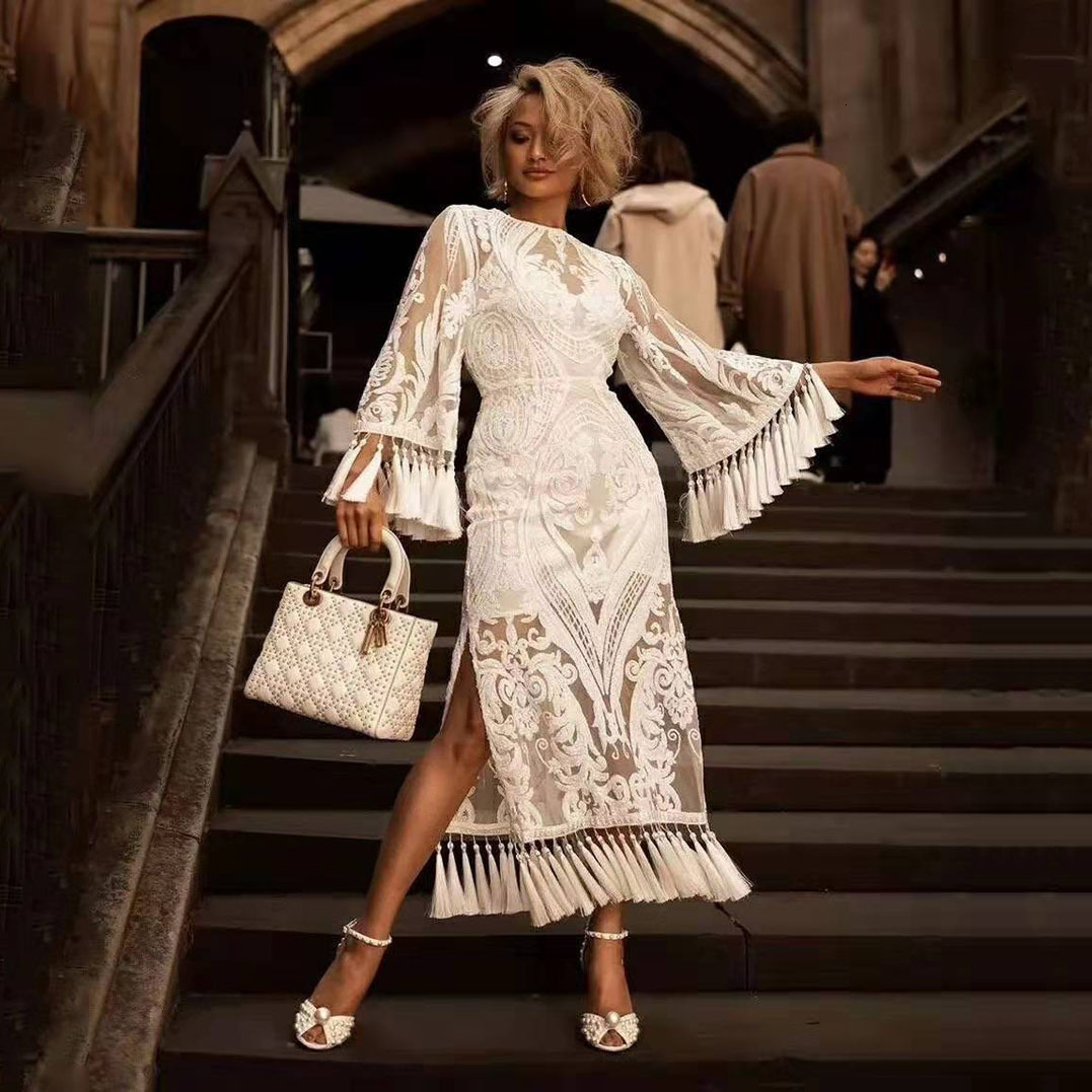 2025 Spring New Womens Embroidered Dress White Tassel Dress Lace Dress