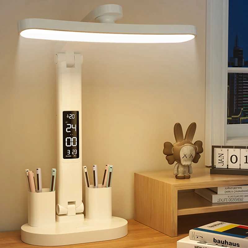 LED Clock Table Lamp USB Chargeable Dimmable Desk Lamps Foldable Eye Protection Desktop Reading Night Lights Study Lighting M251114