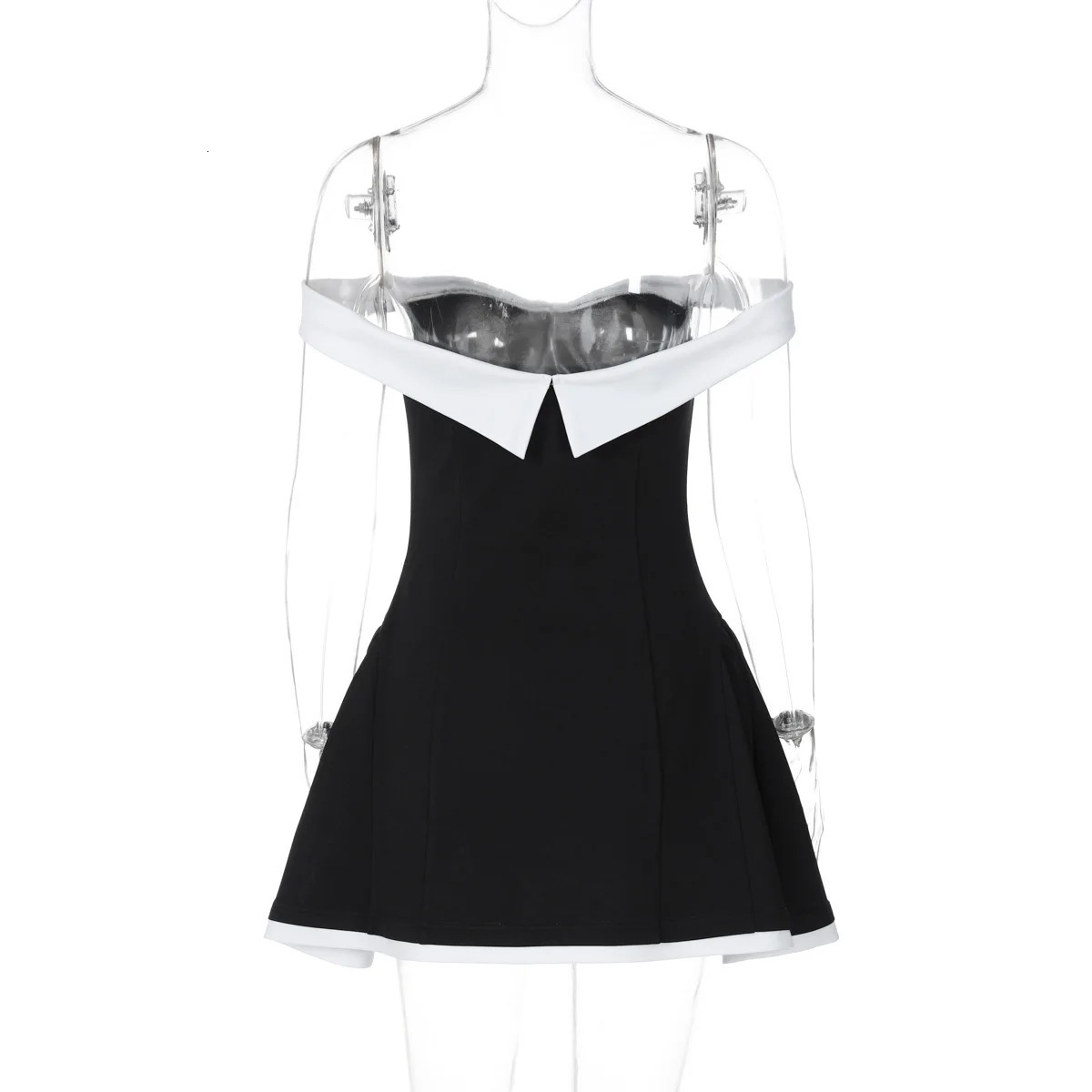 Elegant shoulder black mini dress for womens strapless party evening paired with patch sexy short skirt 250414