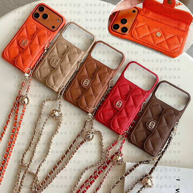 Crossbody Designer Phone Case foriPhone 17 16 15 14 13 Luxury Diamond Leather Chains Card Holder Strap Velvet Lining Hard Shell Back Cover Wallet Shoulder Strap