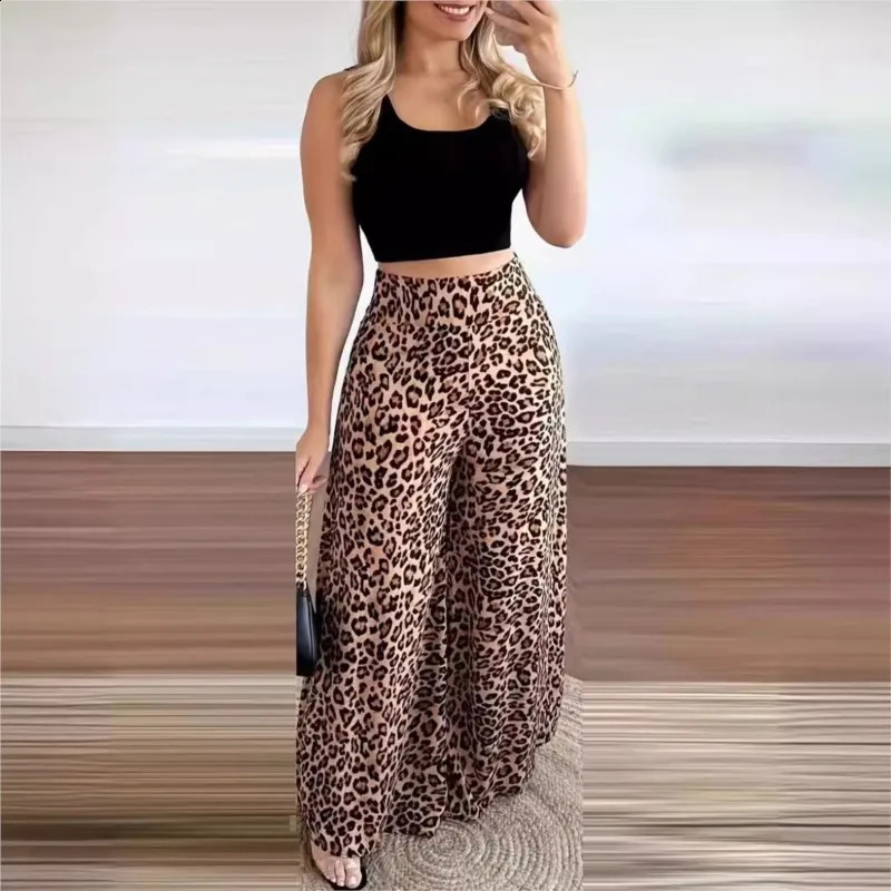 Women Two Piece Sets Outfits 2024 Summer Fashion Square Neck Sleeveless Crop Tank Top Leopard Print Pocket Wide Leg Pants Set 250414