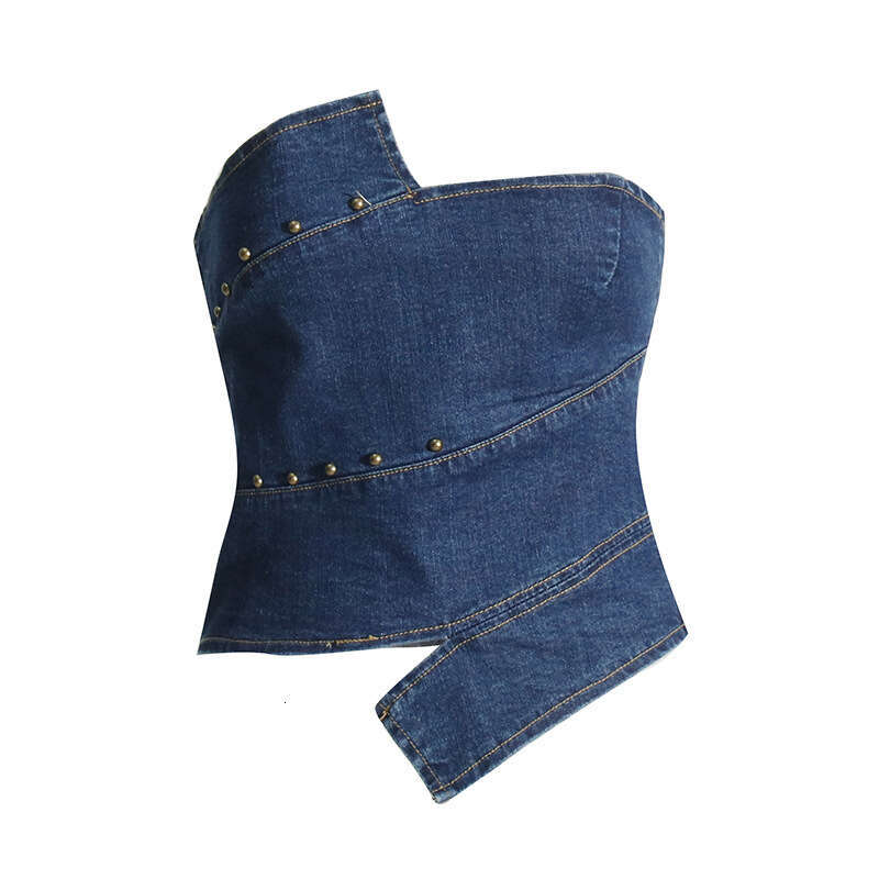 Designer Women's Summer Spliced Denim Strapless Vest with Rivets - High-End Short Slim Fit