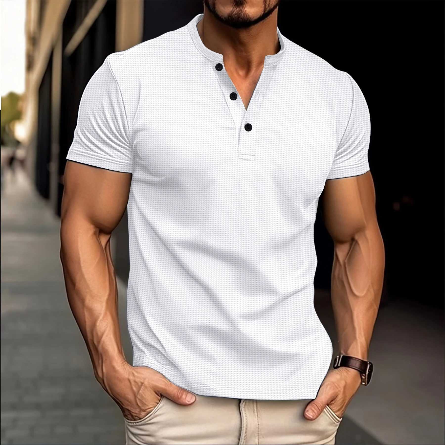 Summer best-selling mens Henry shirt Crewneck button solid color mens polo shirt short sleeved casual and comfortable mens clothing W250414