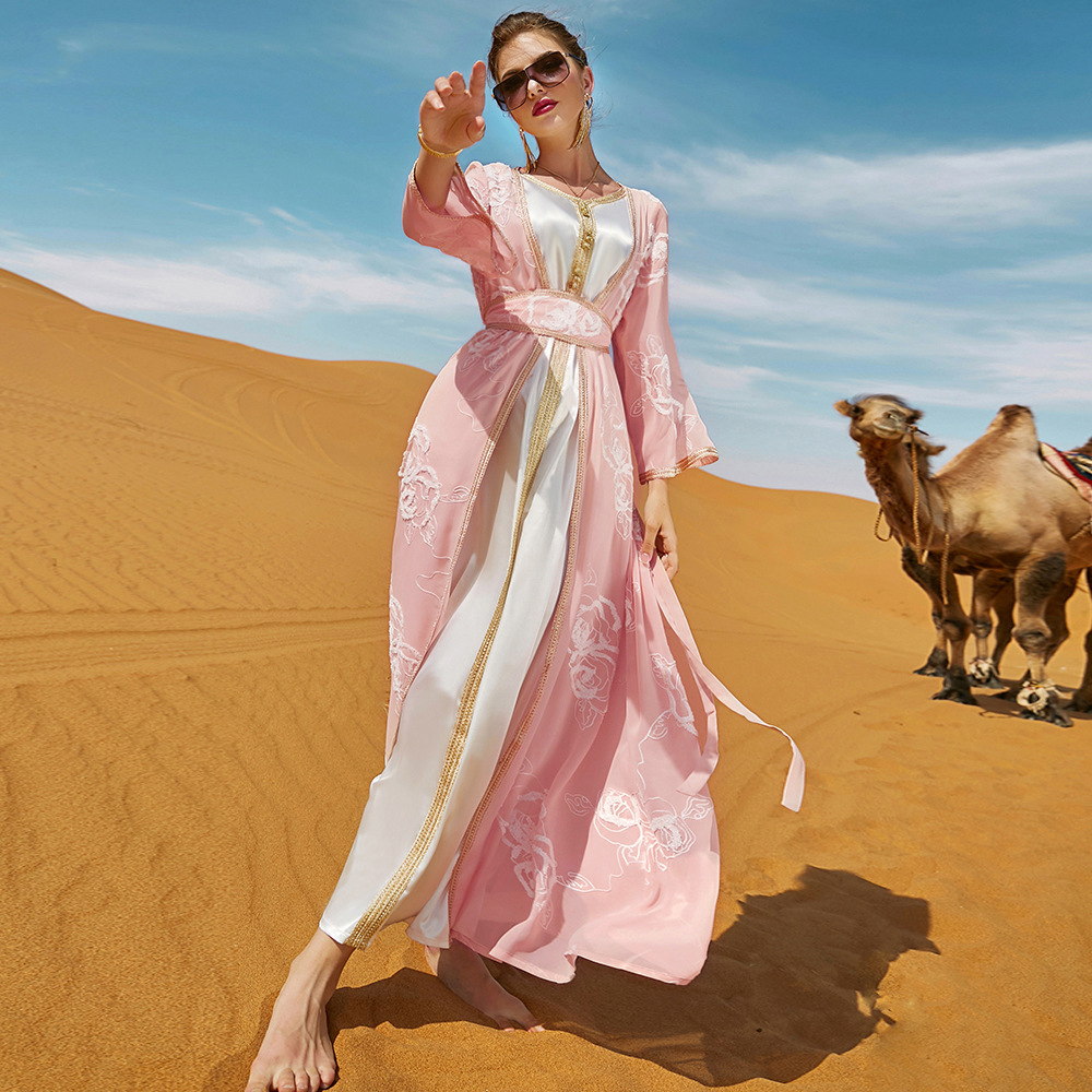 Ethnic Clothing Desert Rose Embroidery Two-piece Dress Arabian Robe Set Middle Eastern Women's Clothing