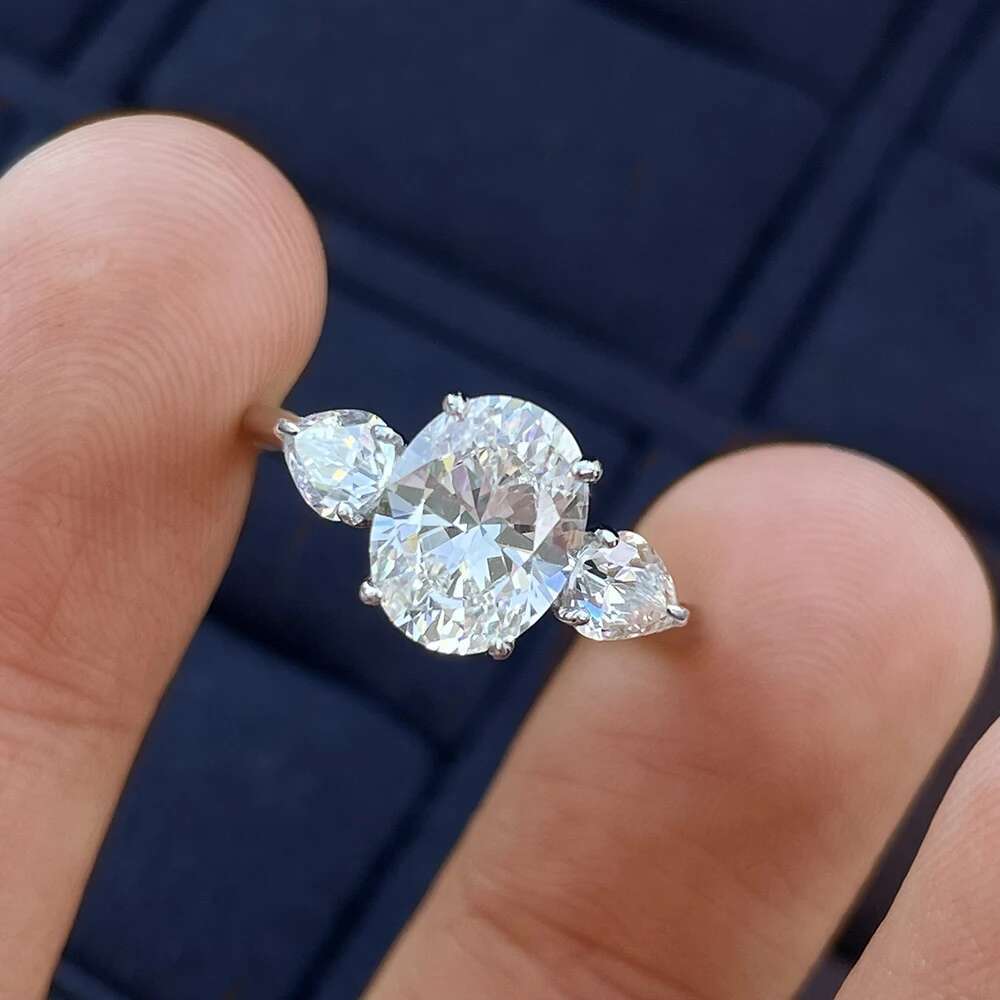 3/8carat Oval Cut Full Moissanite Engagement Ring with Pear Cut Lab Diamond 925 Sterling Silver 3-stone Wedding Rings for Women
