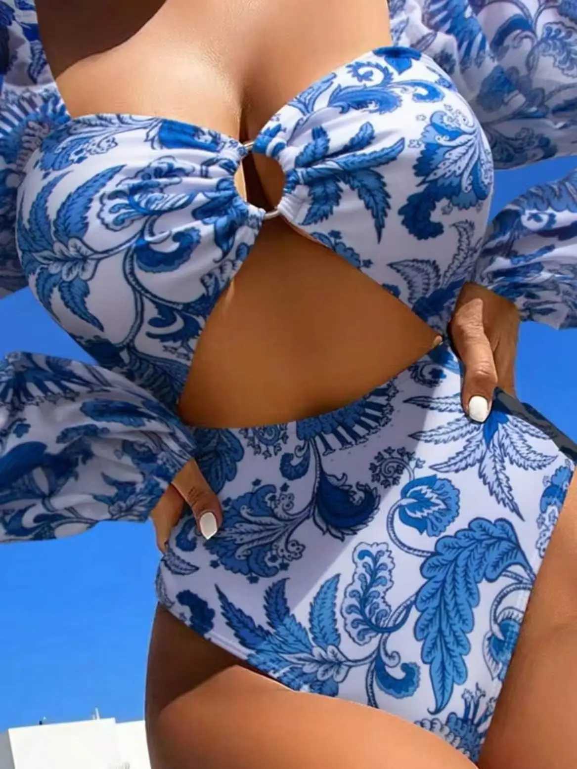 Sexy 3 Pieces Swimsuit Tropical Print Swimwear Halter Lace-Up Micro Bikini SetDrawstring Bodysuit Cover Up Beachwear TankinisW251113