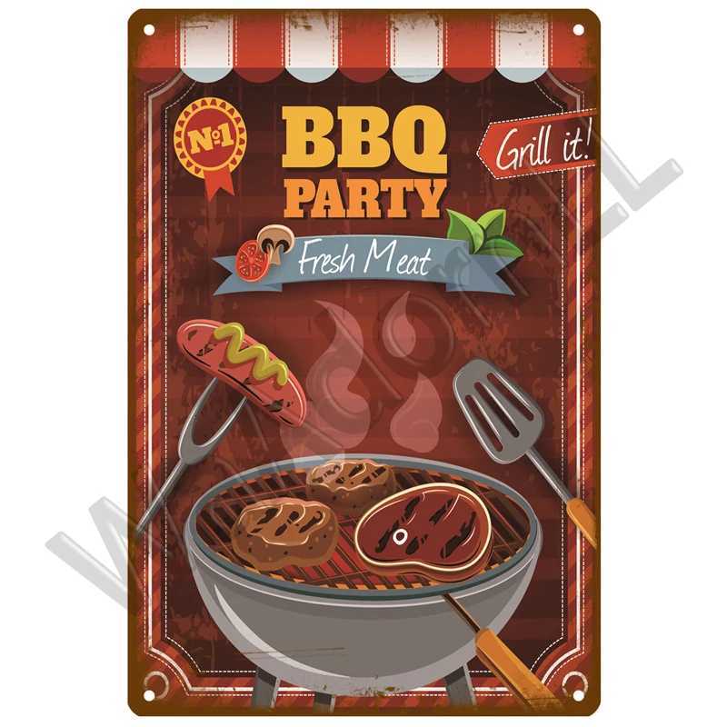 Metal Sign Plaque BBQ Party Time Grill Plate Retro Painting Iron Tin Sign Wall Art Picture For Garden Home Living Room Decor PubM251114