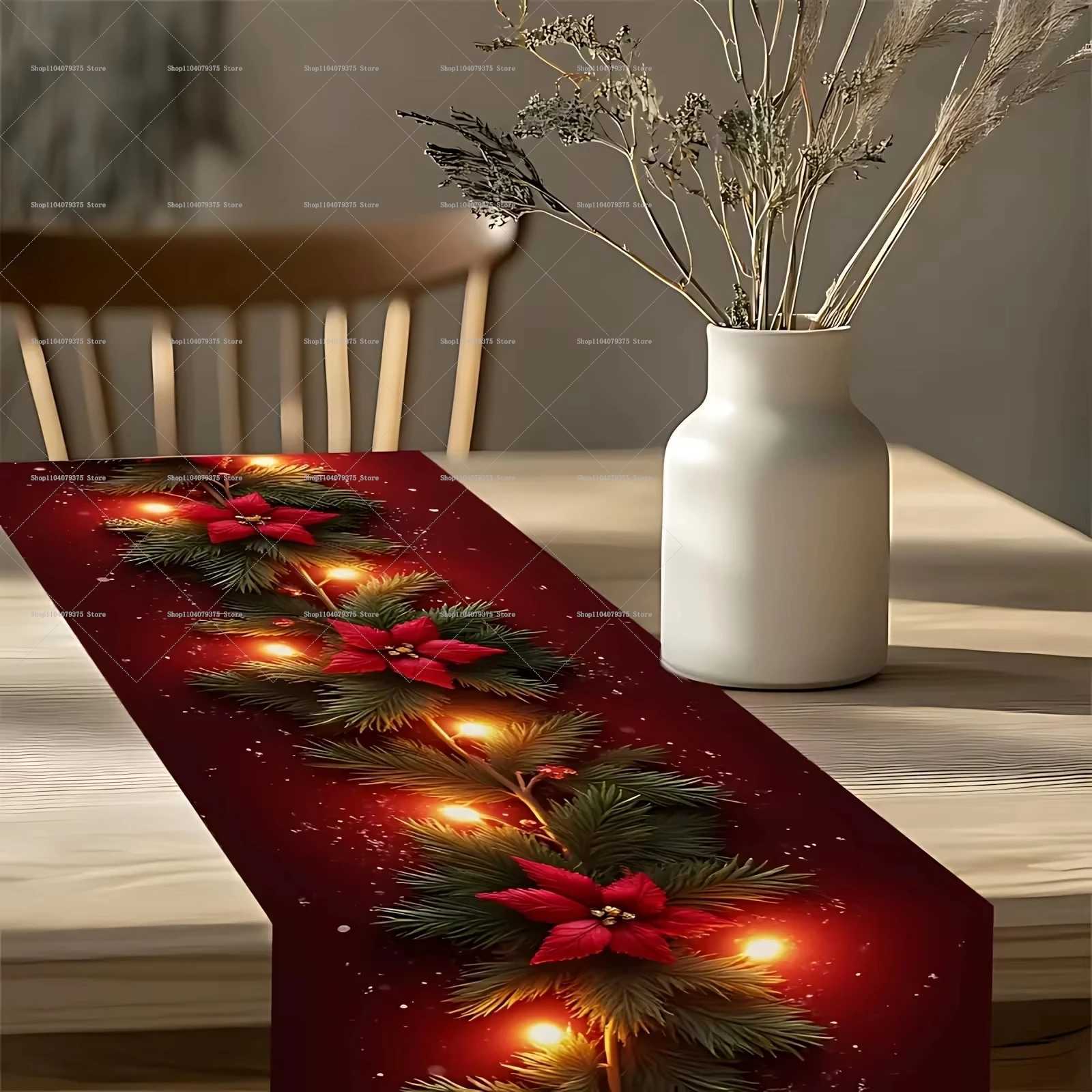 Christmas Luminous Christmas Flower Pine Branch Table Runner Red Background Printed With Lighted Pine Branches And Poinsettia Pattern Y251113