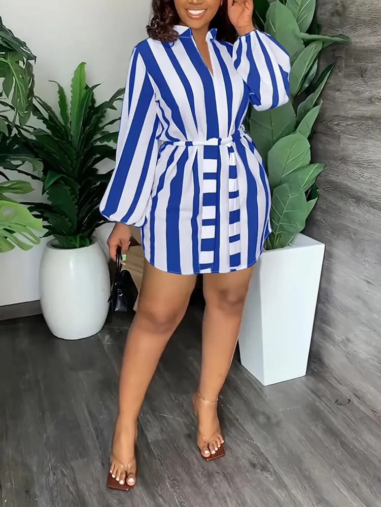 Plus size womens deep Vneck autumn striped long sleeved Tshirt party club tie mini dress blue polyester fiber 250411