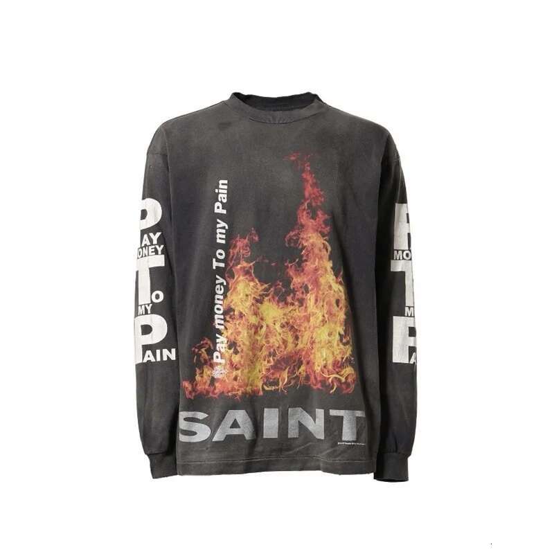 High Street 24ss Vintage Washed Long Sleeve T-Shirt Saint Man Woman Loose Printed Tops 100% Cotton Casual Fashion T Shirt Tees