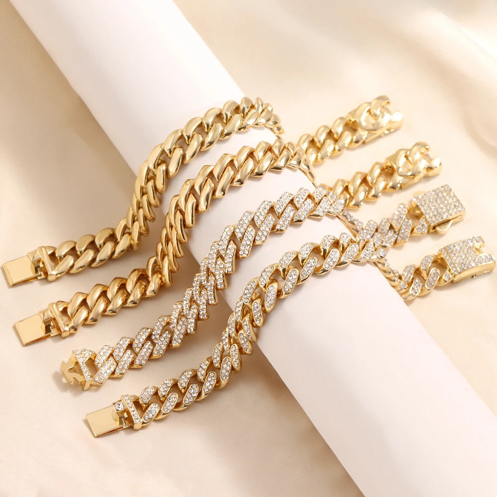 Women Cuban Chain Bracelet HipHop Bling Iced Out Chain Gold Silver Color Rhinestone Paved Chunky Metal Bracelet Men Jewelry Gift 250414