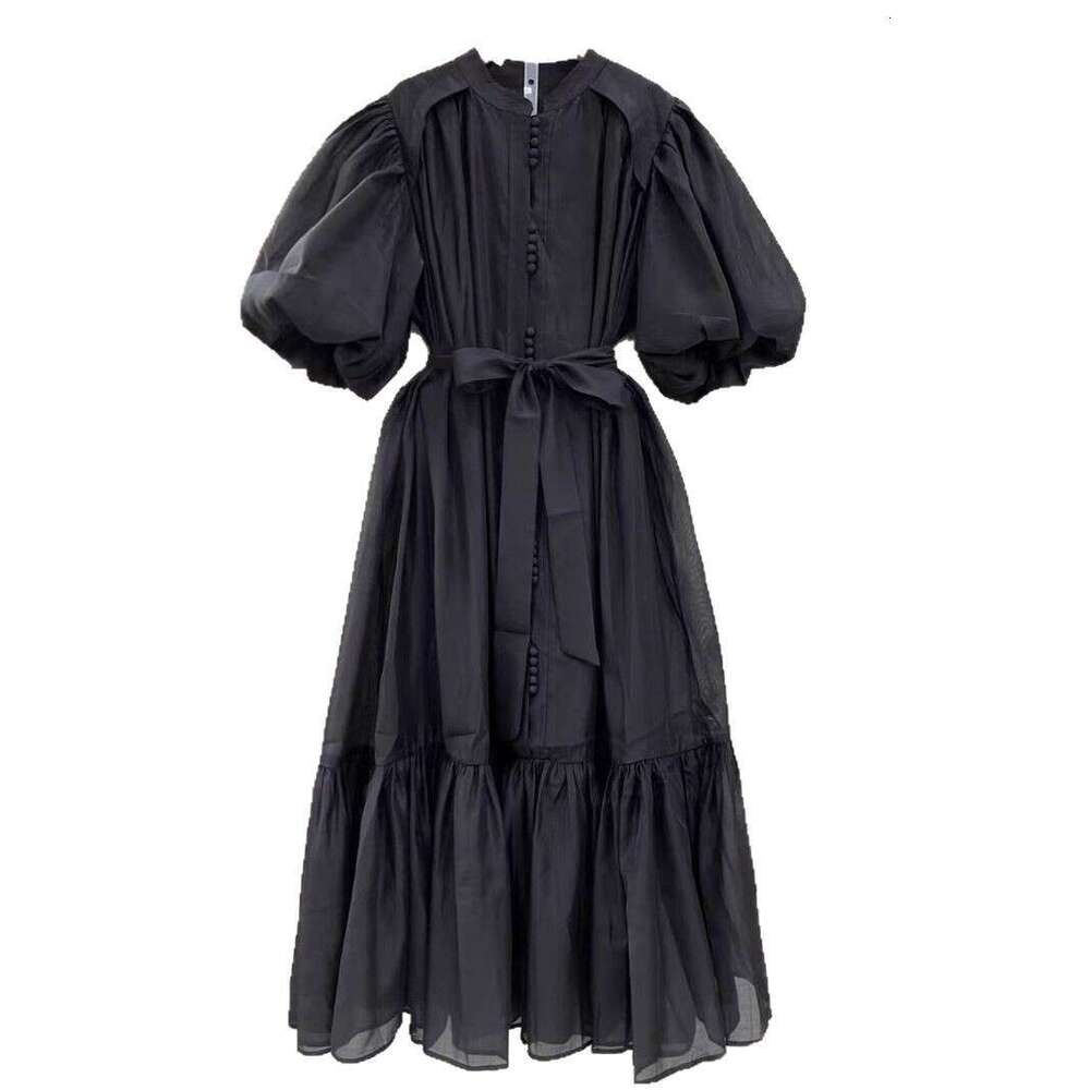 Designer Elegant High-End Ruffled Edge Spring/Summer Long Dress With Bubble Sleeves - Solid Colors Available