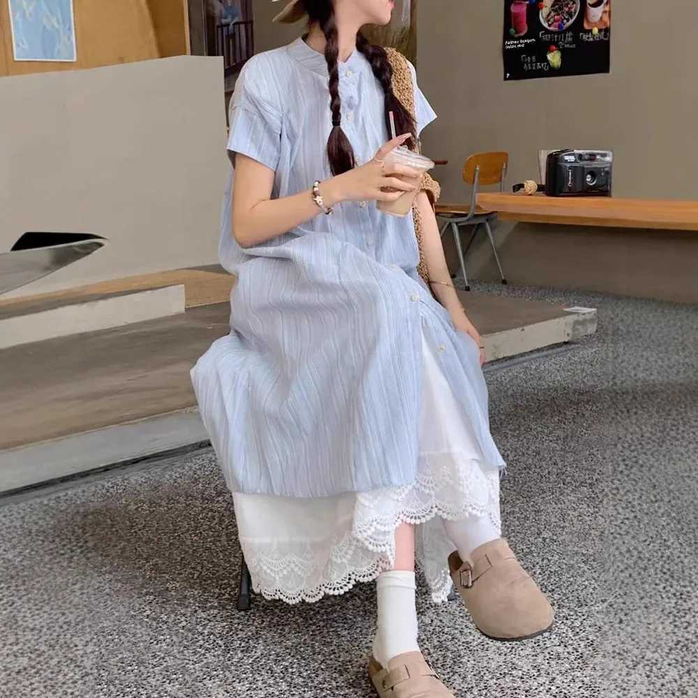 Blue striped short Sve dress for womens summer new Korean style loose Midi two-piece set casual comfortable and fashionableXJ250414