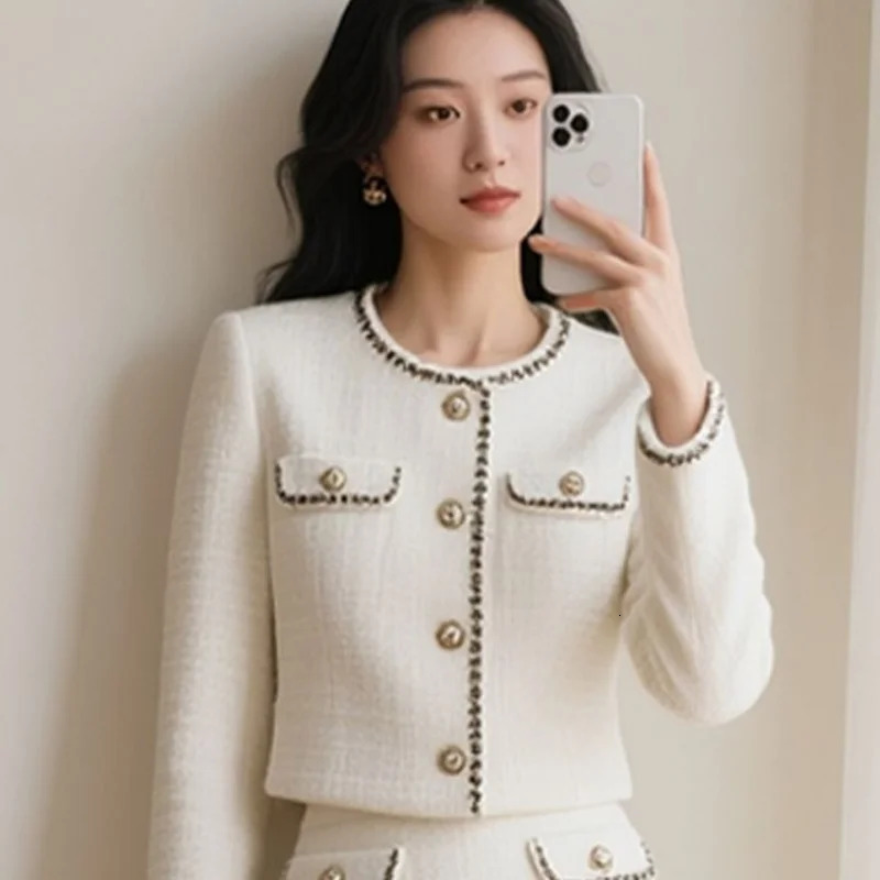 BAFU White Tweed Suit Womens Patchwork Pocket JacketElastic Waist Midi Skirt Autumn OL Elegant Party 2Piece Set 866P 251113