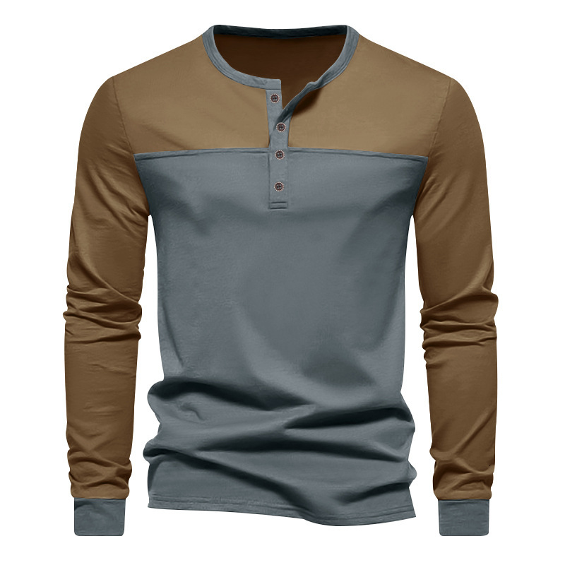 American style spring and autumn long sleeved T-shirt men, thin cut color blocking slim fit Henry base shirt for men