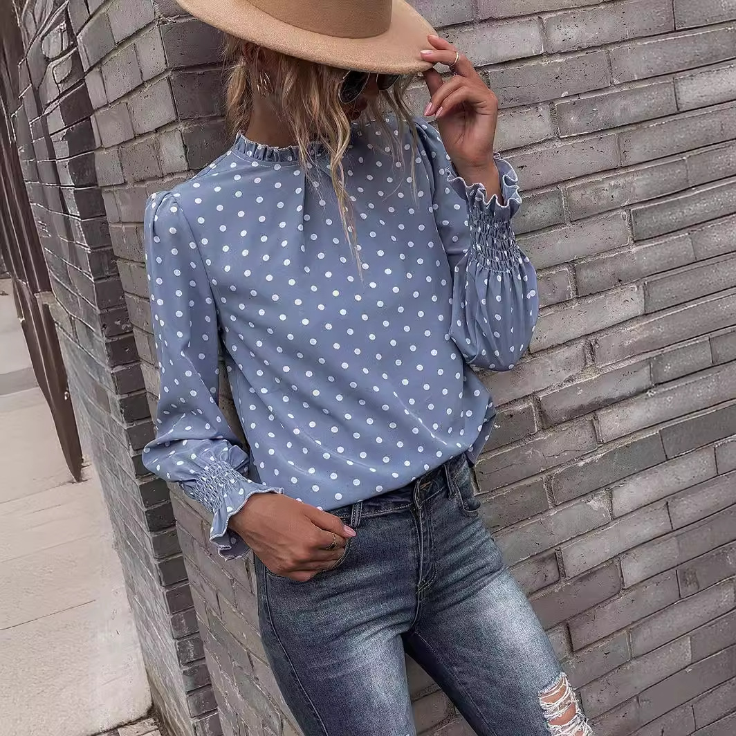 Women's 2025 new Temu ruffled polka dot printed bubble sleeve style women's shirt