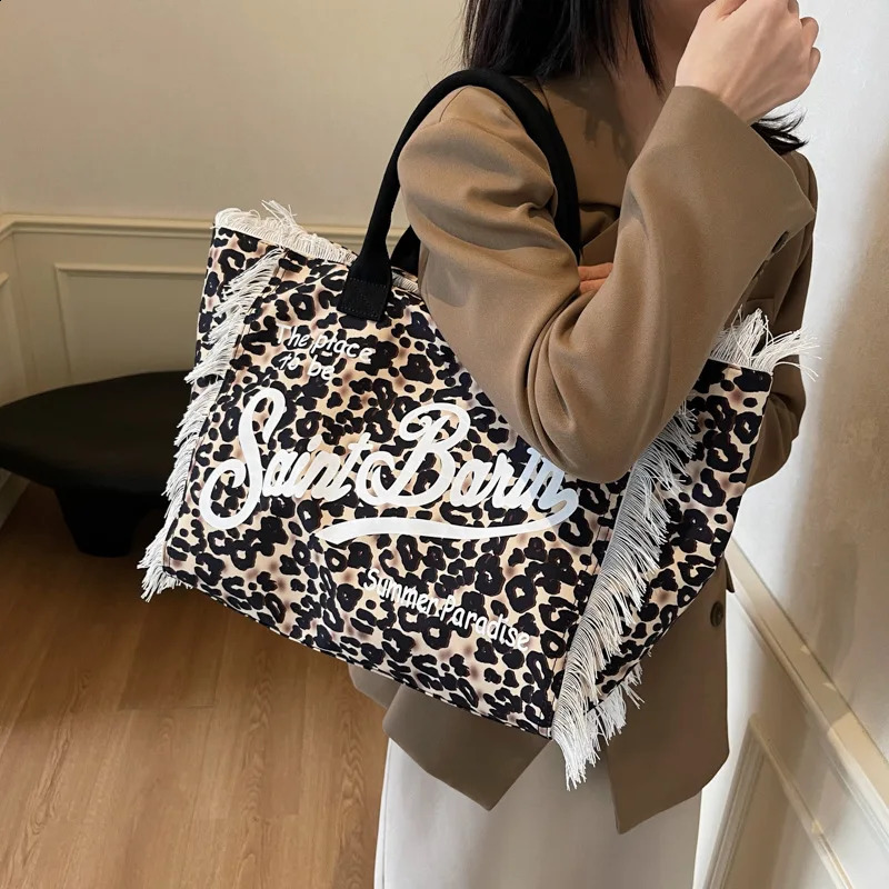 tote bag for women large capacity casual travel leopard print canvas handmade tassel handbag 250410