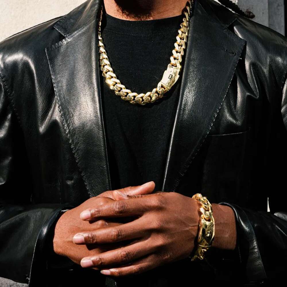 Hip Hop Jewelry 20mm 14K Gold Plated Monaco Chain Classic Pave Lock Choker Heavy Miami Cuban Link Chain Mens Necklace