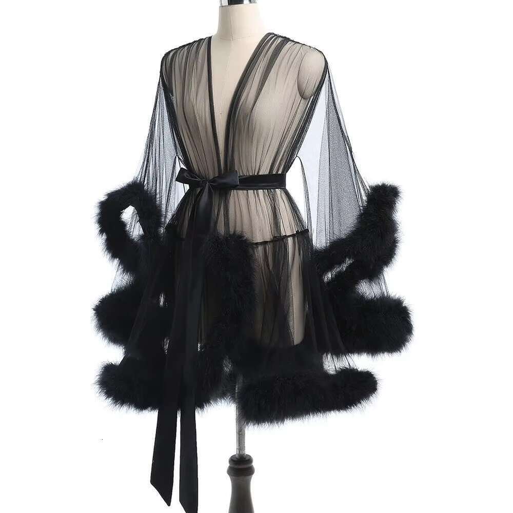 King Mcgreen Female Erotic Midi Robes Long-Sleeved Sheer Shapewear With Plush Splice And Lace Summer Long Sexy Gerie