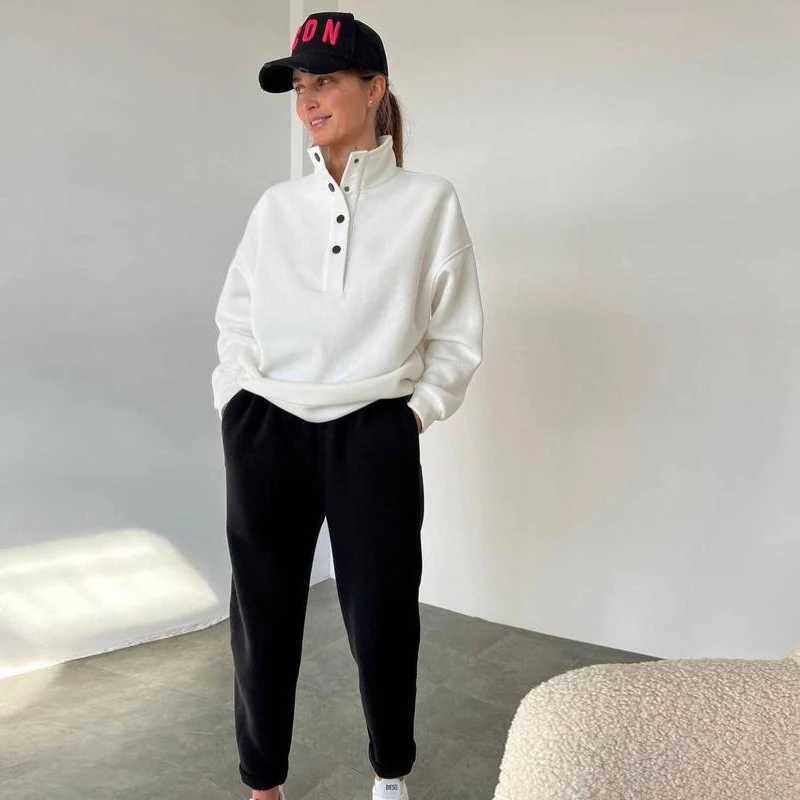 2024 new womens casual sportswear solid color stand up collar Fe hooded sweatshirt sports pants two-piece setXJ250414